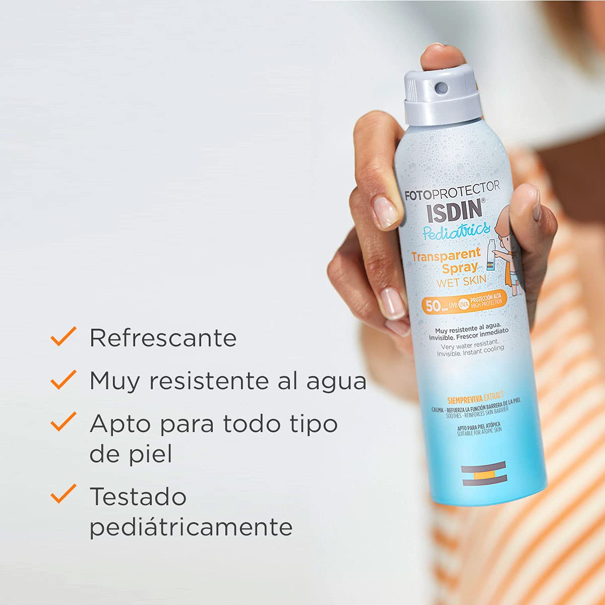 ISDIN fotoprotector transparent spray wet skin pediatrics spf 50, protector solar corporal para ninos, textura invisible y ligera para piel mojada, 250ml
