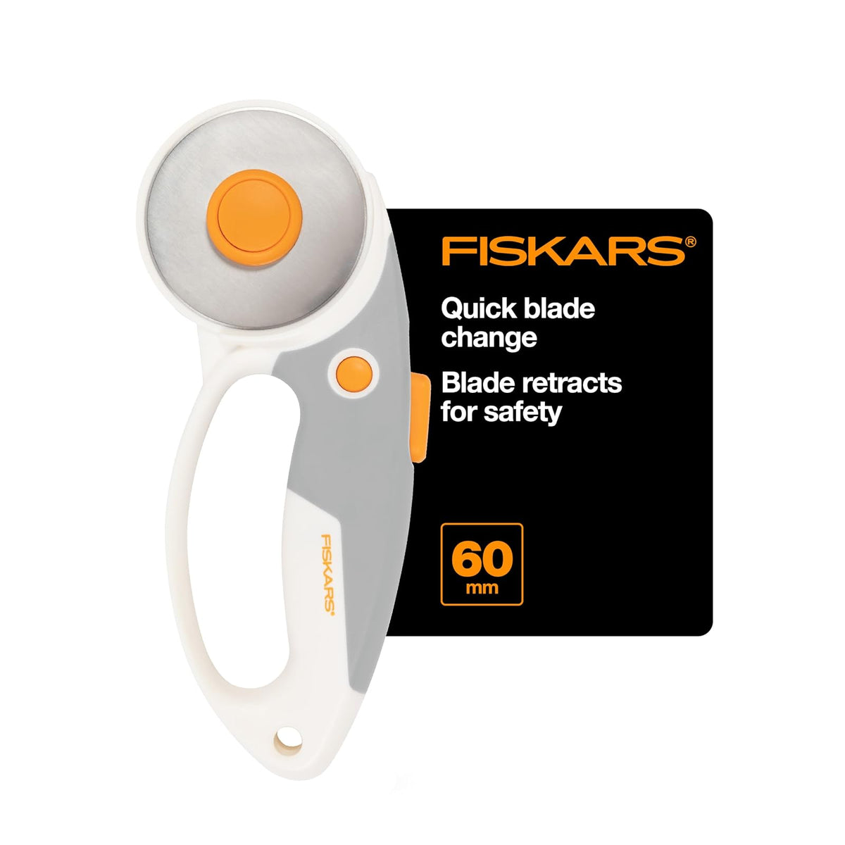 Fiskars - Cortador giratorio de 60 mm para tela con agarre ergonómico y mango cómodo, cortador de tela giratoria de titanio para materiales gruesos, cambio de hoja fácil y seguro, suministros de