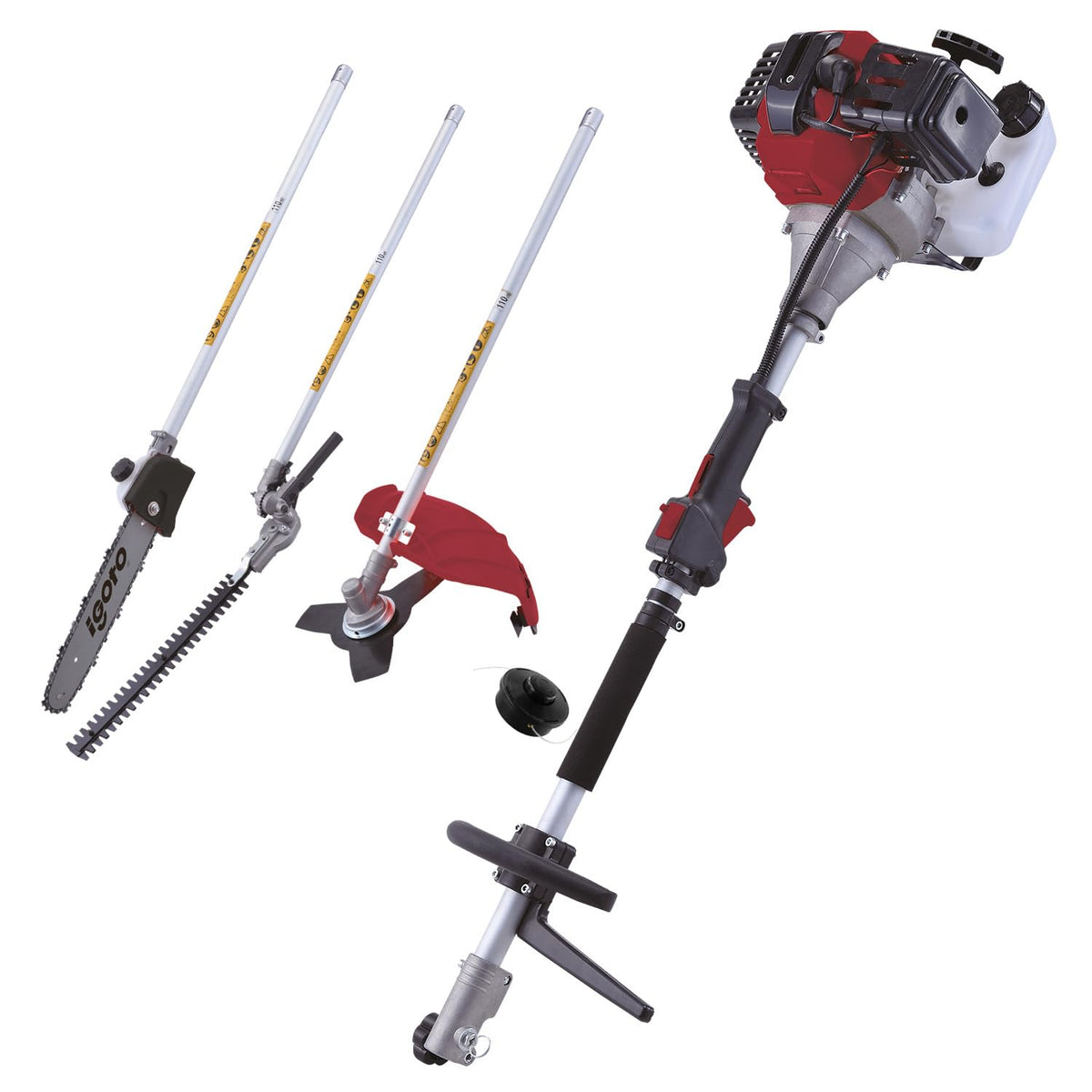 IGOTO Desbrozadora Desmalezadora de Gasolina 4 en 1 Sierra Cepillo Cortasetos Motor 2 Tiempos 2 HP 1500 W Capacidad del Tanque 1200 Ml Uso Profesional 52 CC Carburador Tipo Diafragma