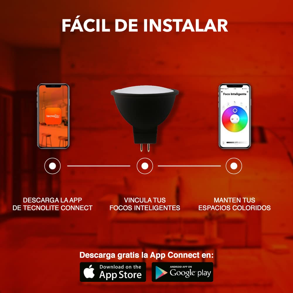 Tecnolite Connect - Foco MR16 Inteligente, Luz RGB + Blanca, Atenuable, Compatible con Alexa, Google Assistant, Atajos de Siri y App móvil, Iluminación Interior