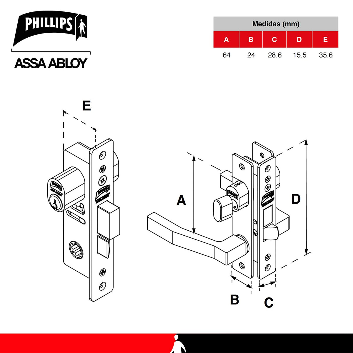 Phillips Cerradura Modelo Slim 555 Manija Cuadrada Para Puerta De Aluminio Negro