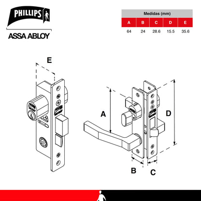 Phillips Cerradura Modelo Slim 555 Manija Cuadrada Para Puerta De Aluminio Negro