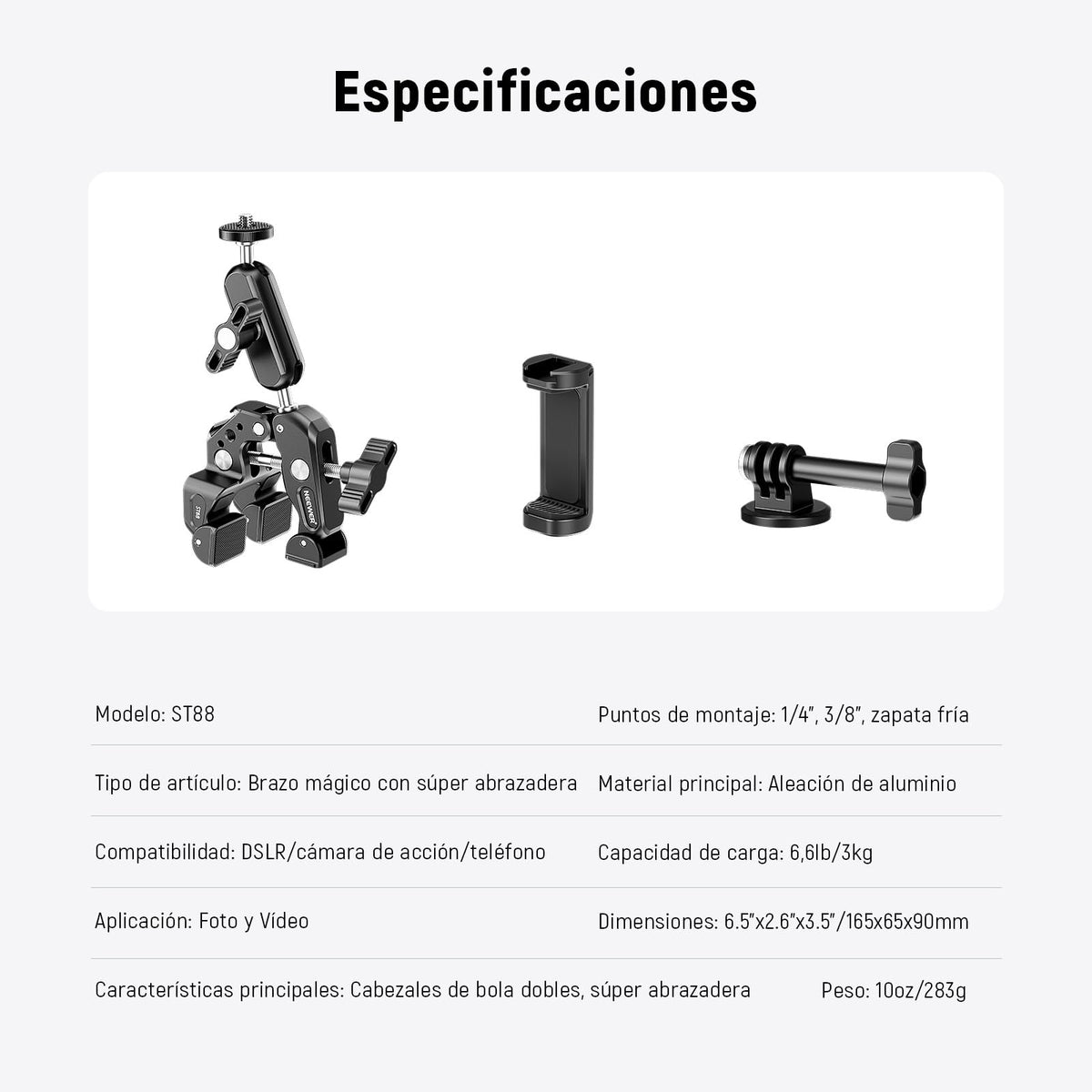 NEEWER Super Clamp con 3" Brazo Mágico Doble Cabeza Esférica, Phone Clamp Cámara con Roscas 1/4" 3/8", Soporte Teléfono, Adaptador Cámara Acción Compatible con GoPro dji iPhone 16 15 Pro MAX, ST88