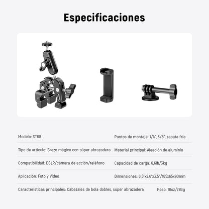 NEEWER Super Clamp con 3" Brazo Mágico Doble Cabeza Esférica, Phone Clamp Cámara con Roscas 1/4" 3/8", Soporte Teléfono, Adaptador Cámara Acción Compatible con GoPro dji iPhone 16 15 Pro MAX, ST88