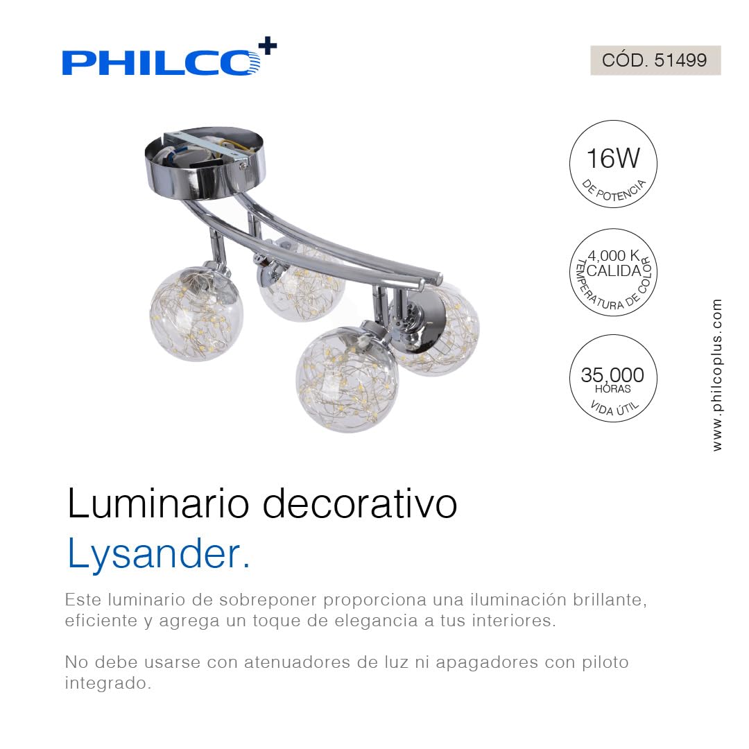Philco Luminario decorativo Lysander. Potencia 16W, con iluminación brillante, temperatura de color 4,000K con una iluminación cálida y acogedora para interioes. Hasta 35,000 horas de vida útil