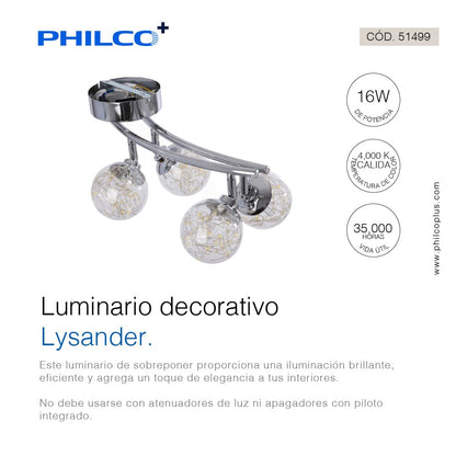 Philco Luminario decorativo Lysander. Potencia 16W, con iluminación brillante, temperatura de color 4,000K con una iluminación cálida y acogedora para interioes. Hasta 35,000 horas de vida útil