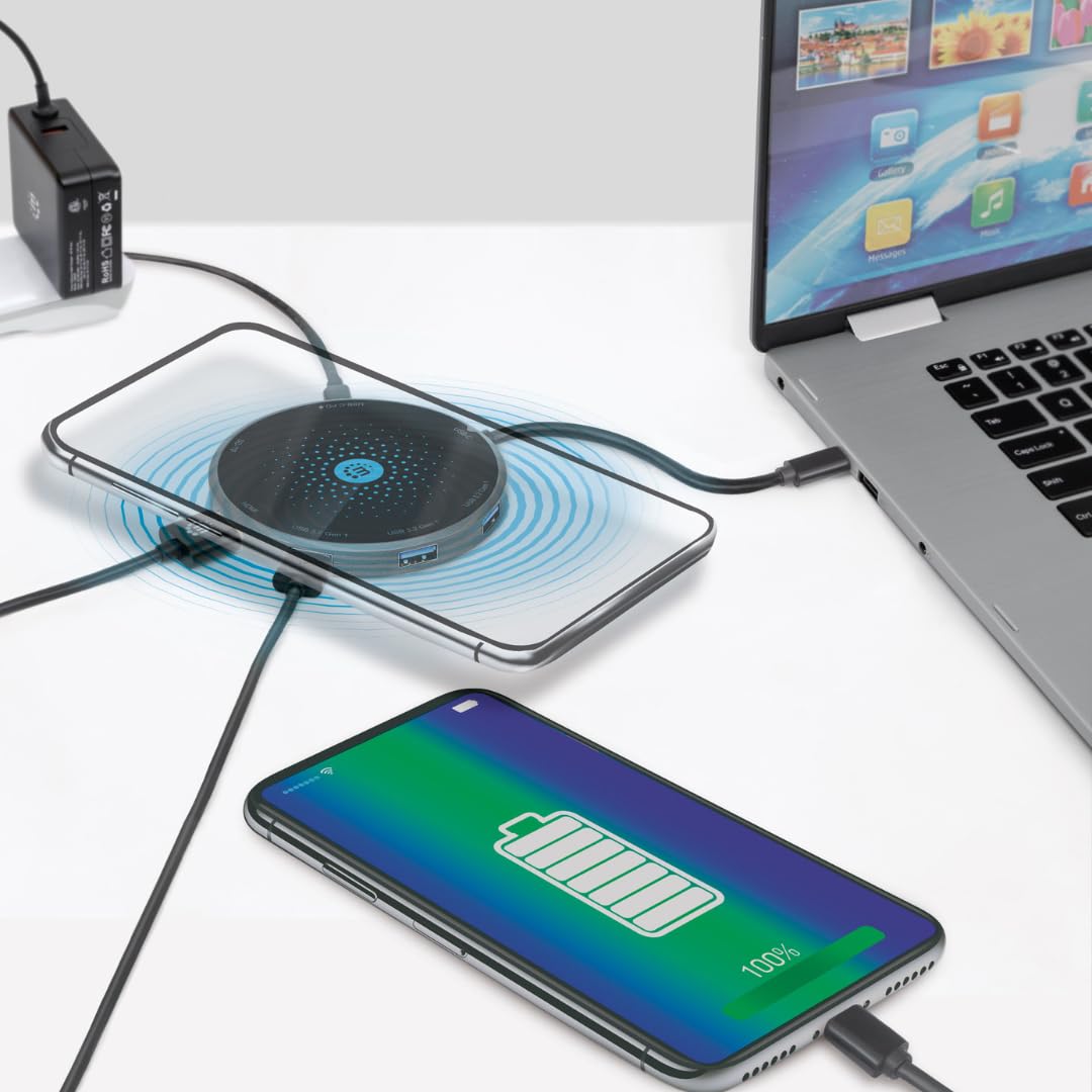 Manhattan 166560 Docking USB-C con Base de Carga inalámbrica, Cable con USB-C Macho a Base Docking con un Puerto HDMI, un Puerto USB-C Hembra PD, 3 Puertos USB-A, Lector de Tarjetas
