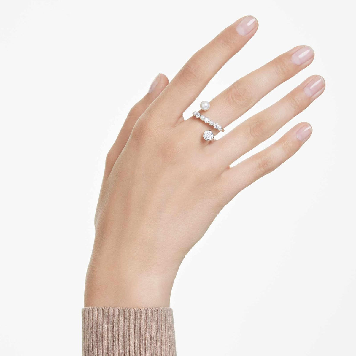 Swarovski Anillo de cóctel Matrix, Perla de cristal, Talla redonda, Blanco, Baño de rodio
