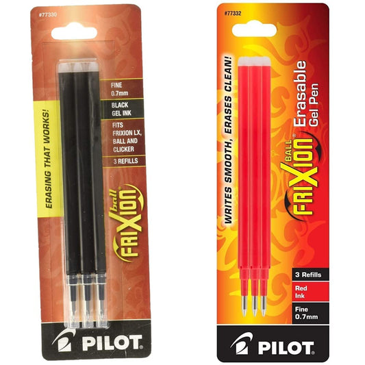 Pilot Frixion – Bolígrafo de tinta de gel, Negro, Paquete con 3 unidades (Fine Point) + Frixion Ball, Repuesto, Tinta Borrable Rojo, Mediano, Blíster 3 Piezas (77332)