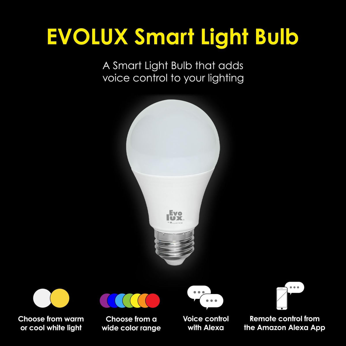 Evolux by Lloyd's Foco LED Inteligente, WiFi A19, Configuración Automática, Redes de 2.4 GHz, Dimmeable, Compatible con Alexa, Multicolor + Luz Blanca Fría y Cálida