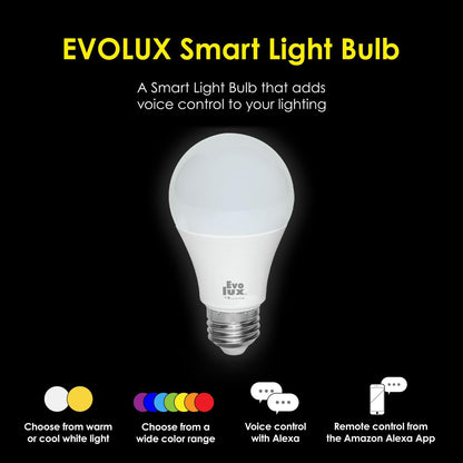 Evolux by Lloyd's Foco LED Inteligente, WiFi A19, Configuración Automática, Redes de 2.4 GHz, Dimmeable, Compatible con Alexa, Multicolor + Luz Blanca Fría y Cálida