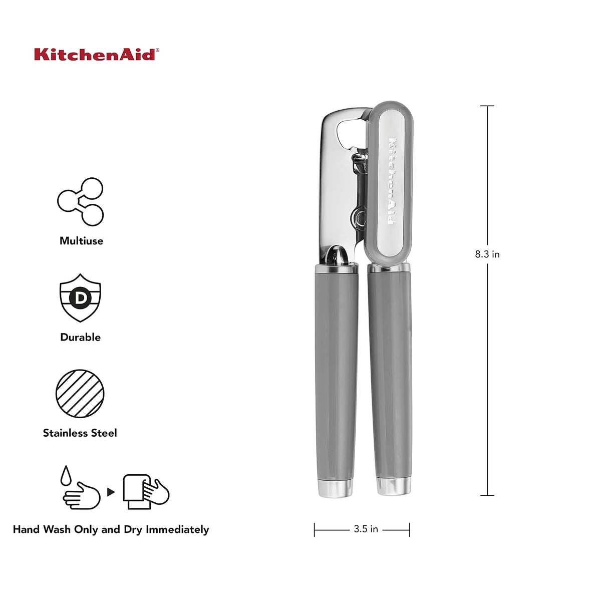 KitchenAid - Abrelatas y abrebotellas multifunción clásico fácil de usar, rueda de corte de acero inoxidable afilada, asas ergonómicas suaves, color gris
