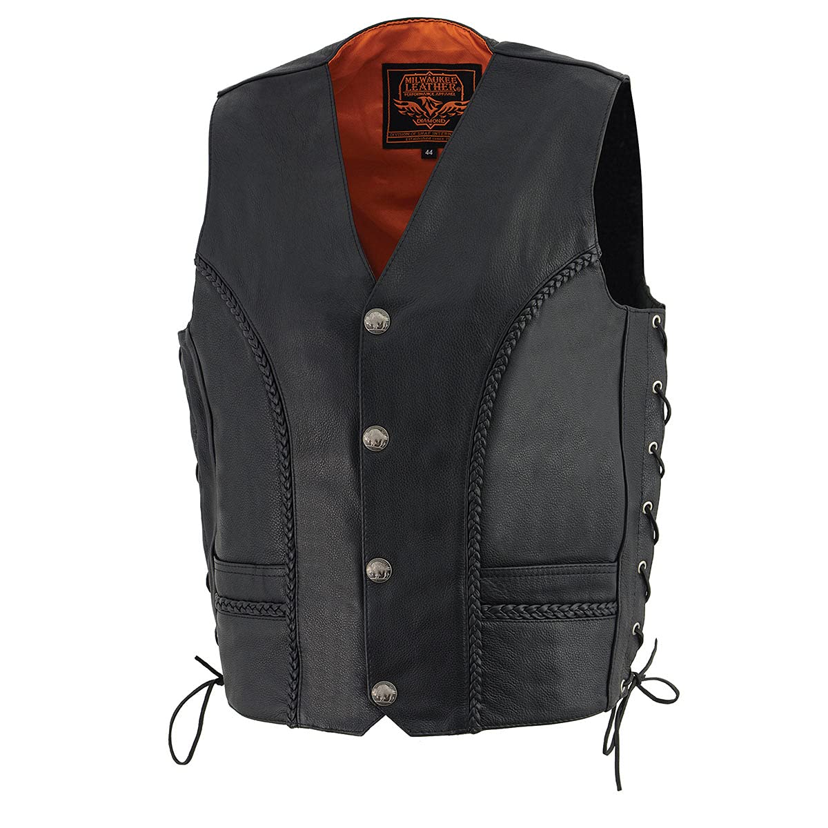 Milwaukee Leather - Chaleco de Piel de Alta Calidad para Hombre con Encaje Lateral para Motocicleta, Negro, Talla 48