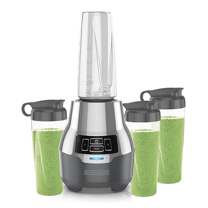Black+Decker Licuadora Personal 600W con Tecnología Silenciosa, PB2004G | 4 vasos personales de 500Ml, 2 velocidades más función pulso y cuchillas de acero inoxidable