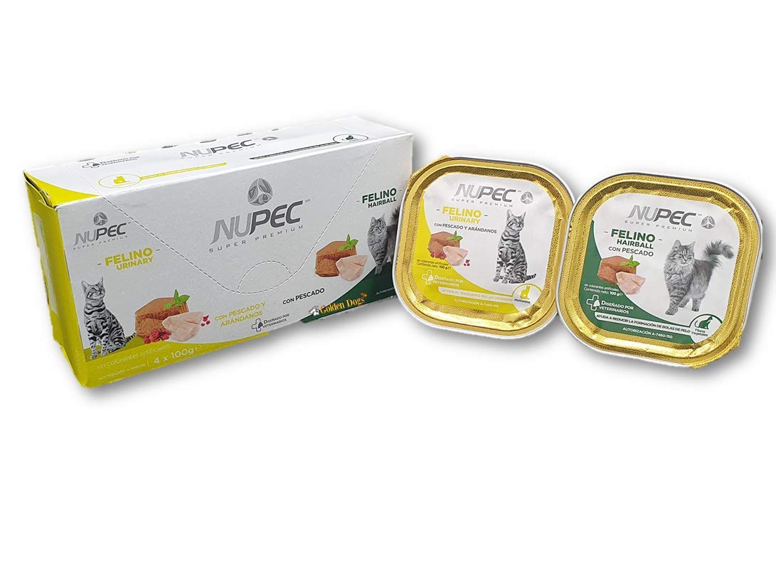Nupec Alimento Húmedo, Felino Urinary y Bolas de Pelo, Blanco/Dorado/Verde + Alimento Húmedo, Felino Indoor, Blanco con Verde