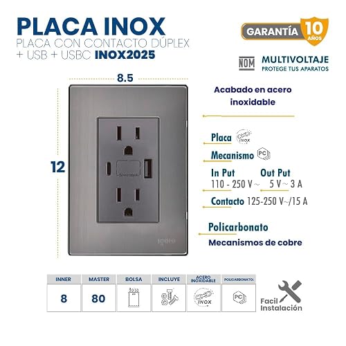 iGoto INOX2025 Placa con Contacto Duplex, Usb y Usbc Oxford