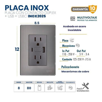 iGoto INOX2025 Placa con Contacto Duplex, Usb y Usbc Oxford