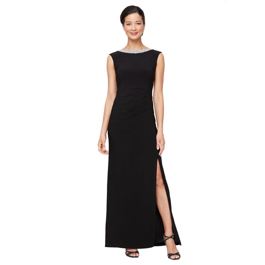 Alex Evenings Vestido Largo de Punto con Frente Fruncido y Escote Adornado (Tallas pequeñitas y Normales) Vestido Formal Mujer