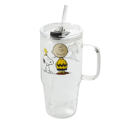 Peanuts Snoopy - Vasos de vidrio con tapas y popotes - Vaso de 40 onzas con asa y popote, botellas de agua de vidrio, vasos con popotes, tazas de café helado, taza de café de viaje, vaso de licuado