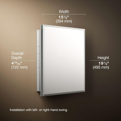 Kohler K-CB-CLR1620FS - Botiquín de aluminio de una puerta con puerta de espejo, bordes biselados, instalación empotrada, Plateado, 40.64 x 50.8 cm