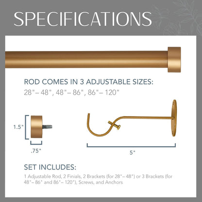 Elrene Home Fashions Serena - Barra de Cortina para Ventana de 1 Pulgada con Acabado contemporáneo, Contemporáneo, Dorado Suave, 28" to 48" Adjustable Rod, 1