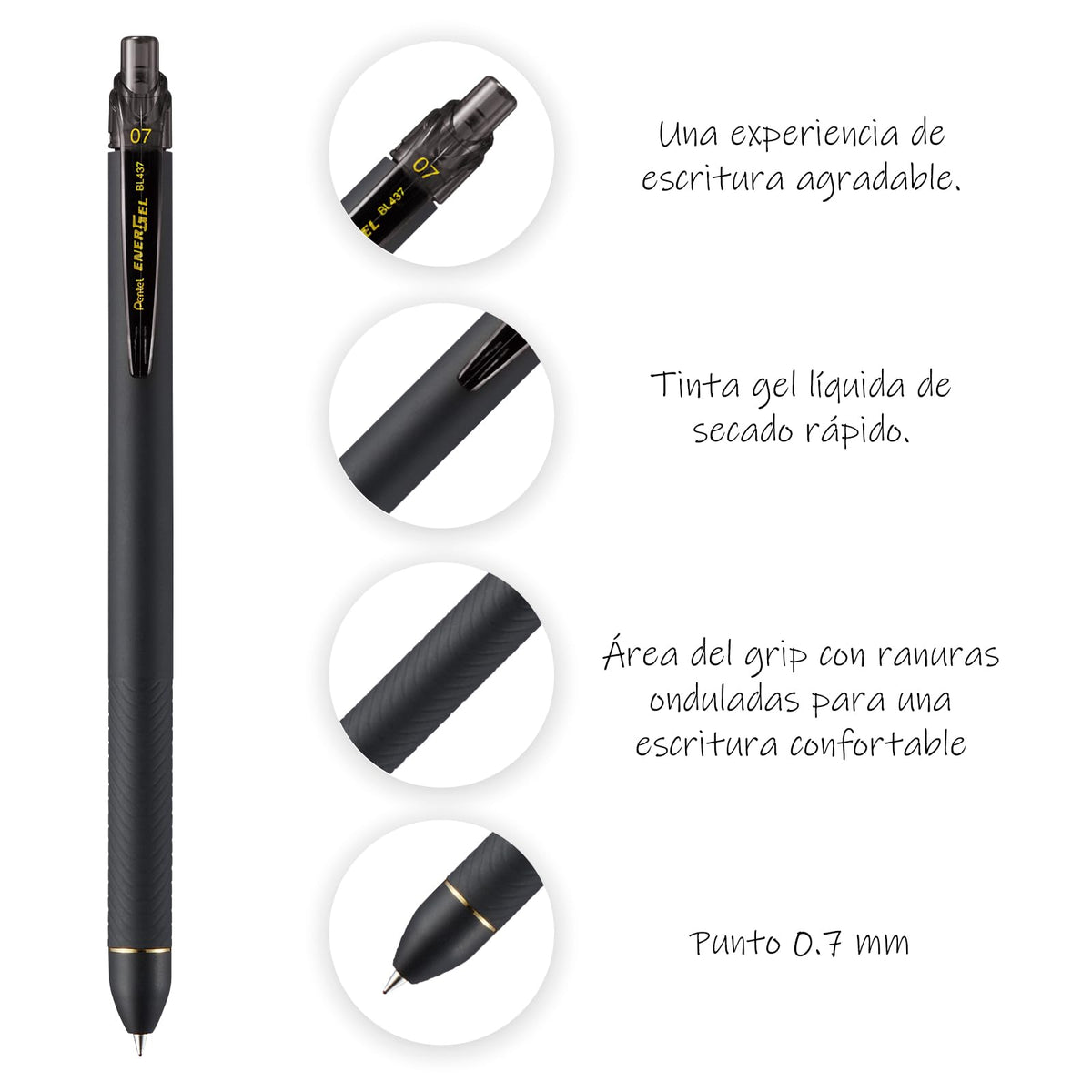 Pentel Energel Bolígrafo Tinta Gel Líquida, Retráctil, Punto Fino, 0.7 mm, Tinta Negra, Caja con 12 Piezas, -A