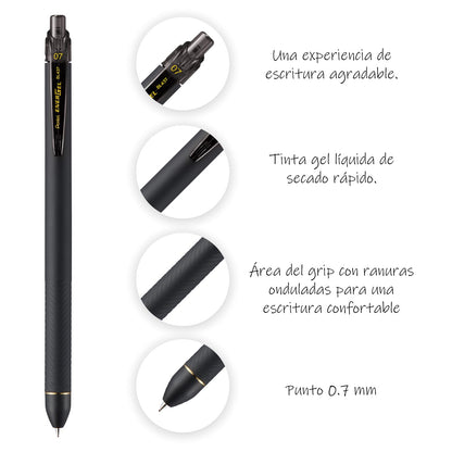 Pentel Energel Bolígrafo Tinta Gel Líquida, Retráctil, Punto Fino, 0.7 mm, Tinta Negra, Caja con 12 Piezas, -A
