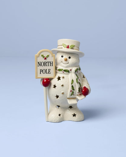 Lenox 897869 Happy Holly Days - Figura de muñeco de Nieve iluminada con Poste Norte