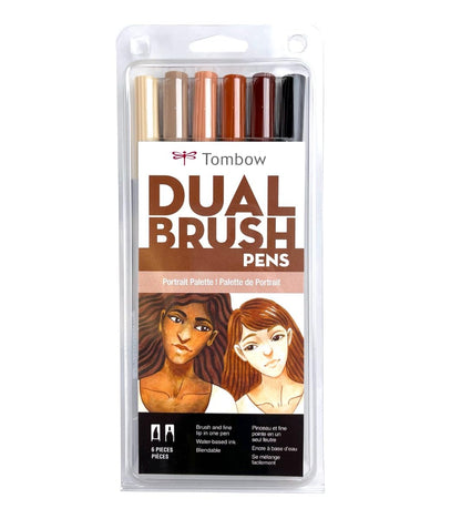 Tombow 56236 - Rotuladores de doble pincel, retrato, paquete de 6 Rotuladores de punta fina y brocha
