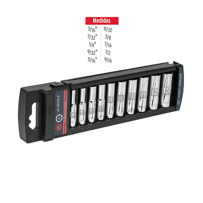 Truper JD-1/4X10LP, Juego de 10 dados largos, cuadro 1/4", standard