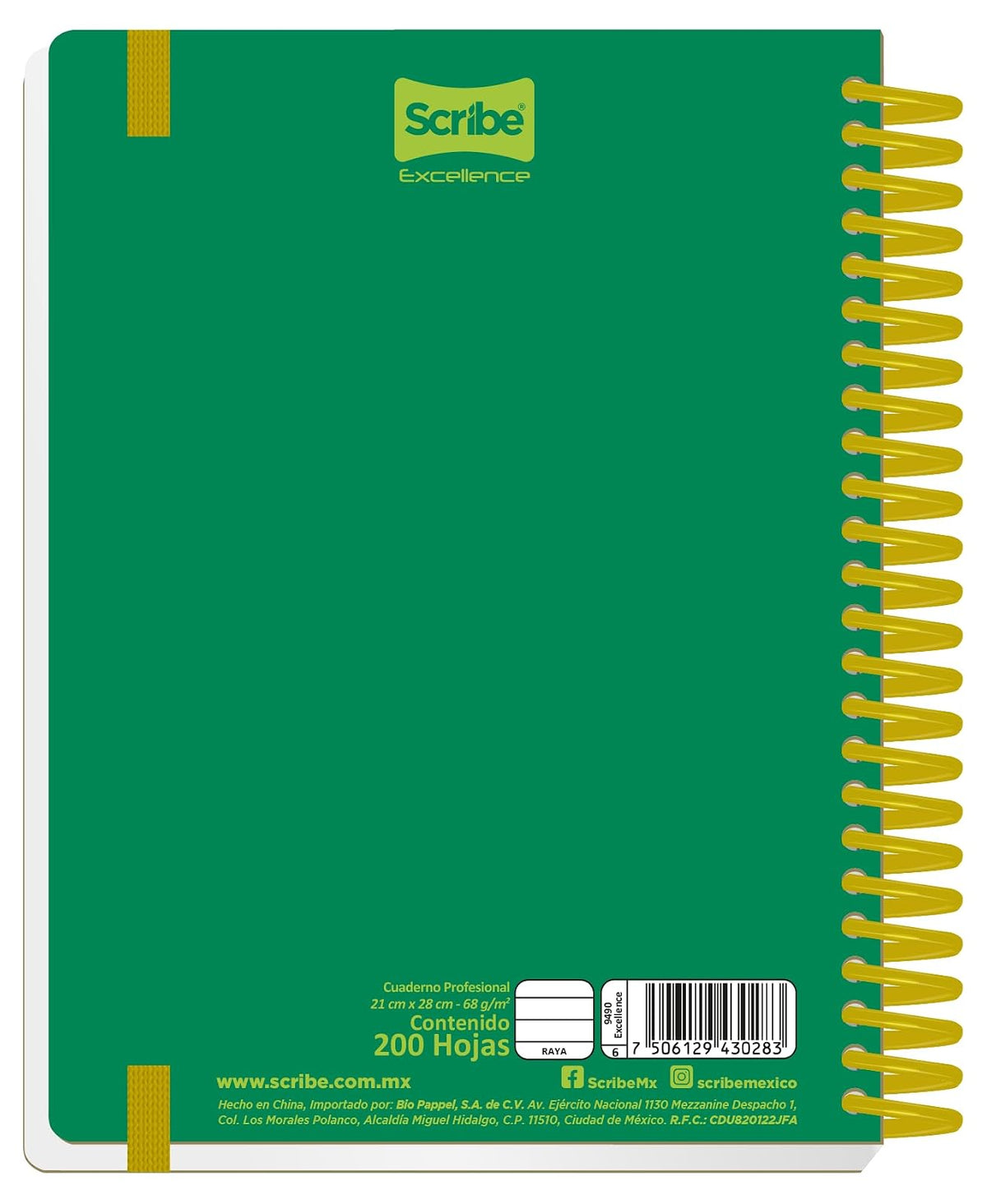 Scribe®, Excellence, Cuaderno Profesional, Pasta Dura, Espiral Sencillo, Cuadro Grande (C.7), 100 hojas, Portada Verde/Amarillo