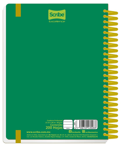 Scribe®, Excellence, Cuaderno Profesional, Pasta Dura, Espiral Sencillo, Cuadro Grande (C.7), 100 hojas, Portada Verde/Amarillo