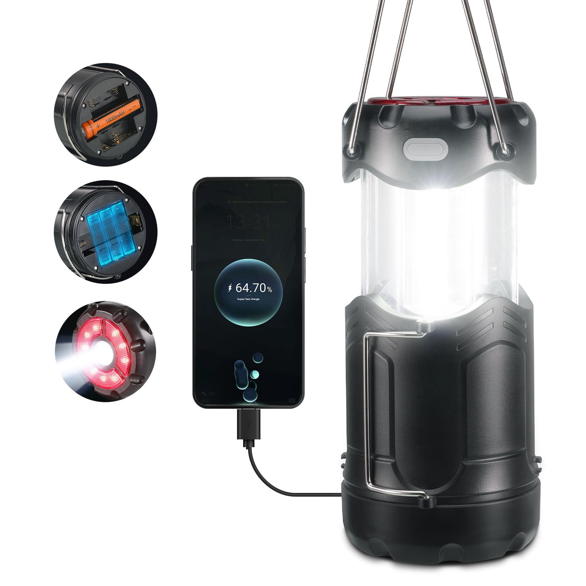 Linterna LED plegable para acampar, recargable por USB C y alimentado por pilas, luz de emergencia 2 en 1 con linterna y base magnética, cortes de energía, suministros de huracán, kits de