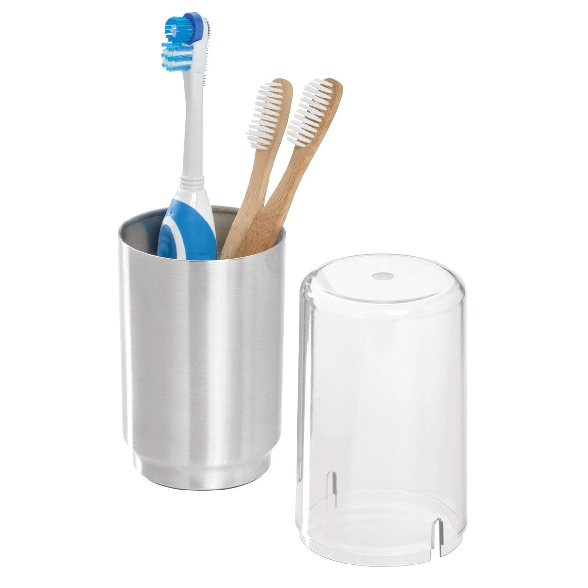 iDesign Austin Metal Covered Holder Stand, Holds Regular and Electric Toothbrushes in Master, Guest, Kid's, College Dorm Bathroom, Brushed