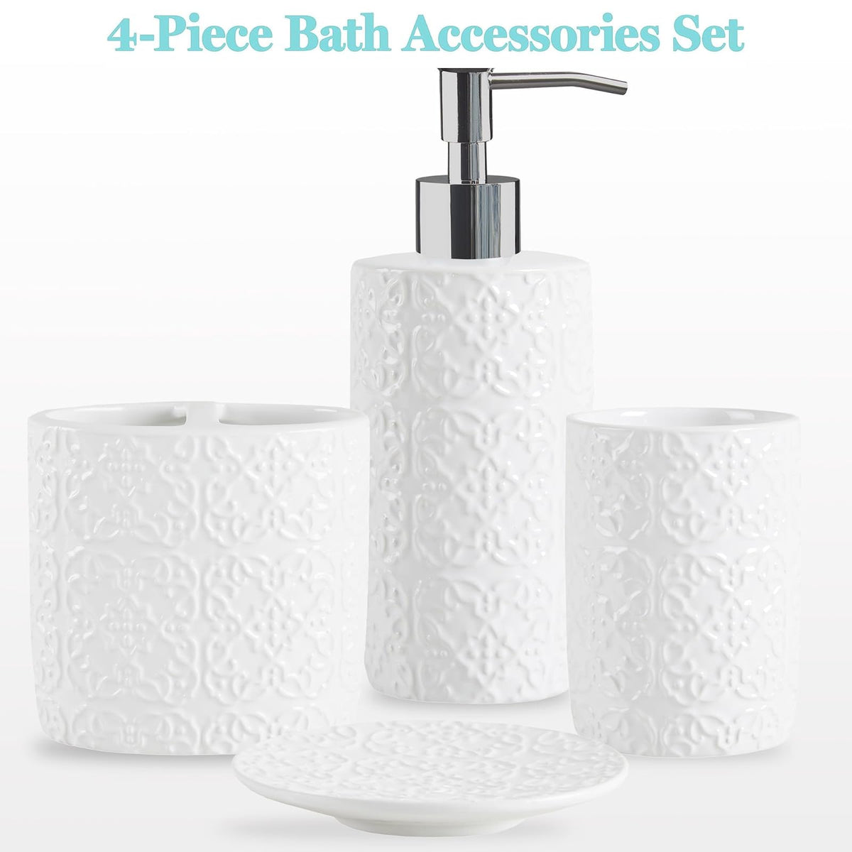 MARTHA STEWART - Juego de Accesorios de baño de cerámica, Organizador de Almacenamiento para decoración de Cambiador, medallón de Damasco en Relieve, dispensador de loción/jabón, Soporte para Cepillo