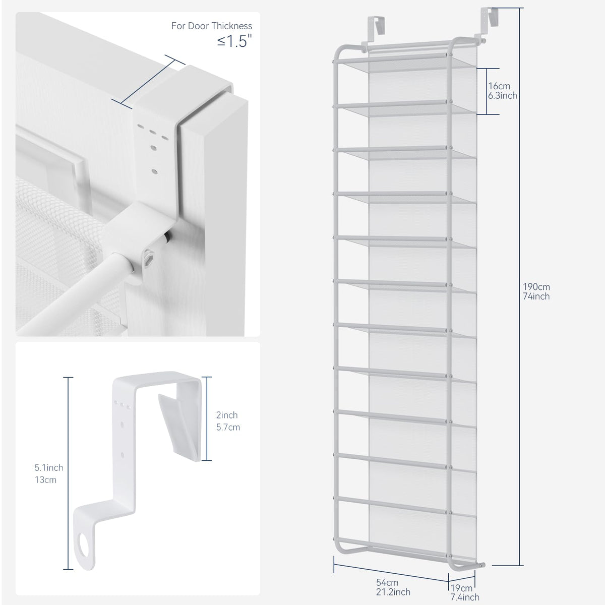 Whitmor Organizador de Zapatos 36 Pares 12 Niveles | Sobre puerta/montaje en pared, dormitorio/entrada/armario, marco metal malla, no taladrar