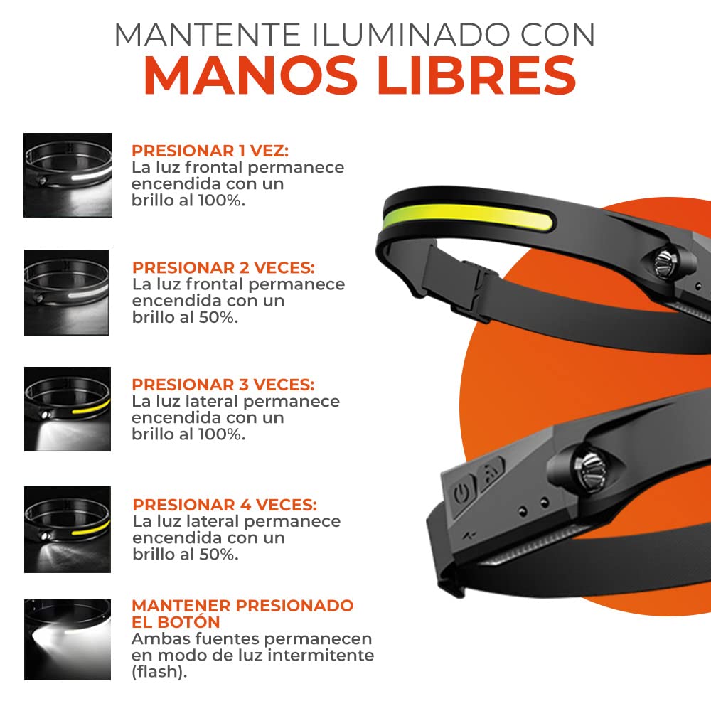 Tecnolite Lámpara de Cabeza Recargable 3 W/ 5 W - Tecnolite Luz de Día, Sensor de Encendido, Intensidad Regulable, Batería Integrada USB-C, LED integrado
