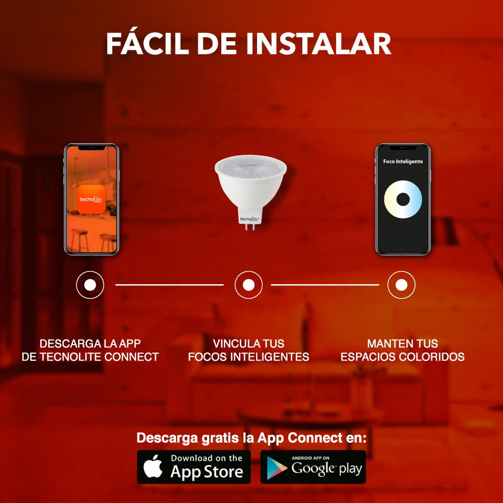 Tecnolite Connect - Foco Inteligente MR16 Flash Smart con Bulbo, Iluminación Interior, Luz Blanca Atenuable, 5 Watts, Control App Connect, Compatible con Alexa, WiFi y Bluetooth, Casa Inteligente