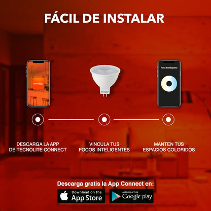 Tecnolite Connect - Foco Inteligente MR16 Flash Smart con Bulbo, Iluminación Interior, Luz Blanca Atenuable, 5 Watts, Control App Connect, Compatible con Alexa, WiFi y Bluetooth, Casa Inteligente