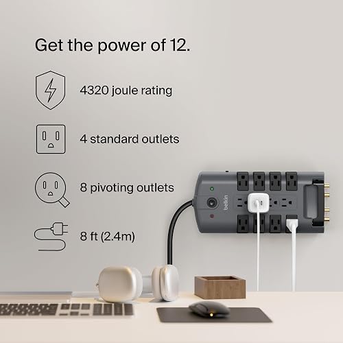 Belkin BP112230-08 Supresor de Picos Enchufe de Pivote, 12 Salidas, 4320J, 2.4 metros, Gris