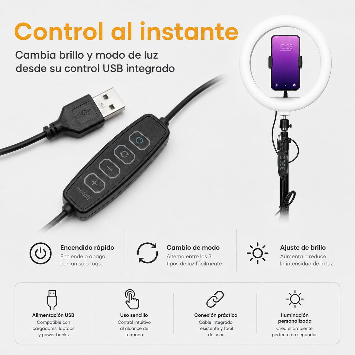 Perfect Choice Aro de luz led 10" con Base expandible y tripié para Streaming PC-120407 Lumeria