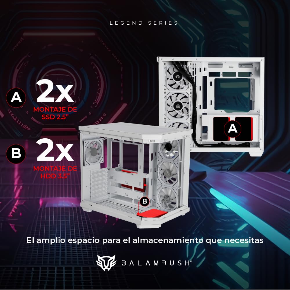 Balam Rush Gabinete Gamer Media Torre Tank Master 9600 TB/MAX MB ATX/GPU 410 mm/USB C + USB 3.0 + USB + Audio + 4xFan ARGB/Paneles de Cristal/Legend (Blanco)