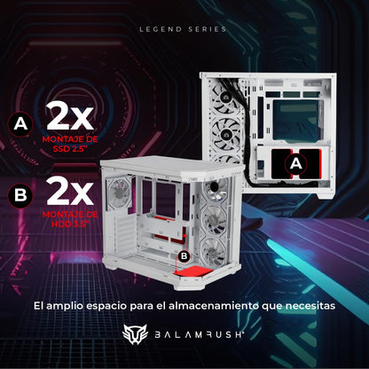 Balam Rush Gabinete Gamer Media Torre Tank Master 9600 TB/MAX MB ATX/GPU 410 mm/USB C + USB 3.0 + USB + Audio + 4xFan ARGB/Paneles de Cristal/Legend (Blanco)