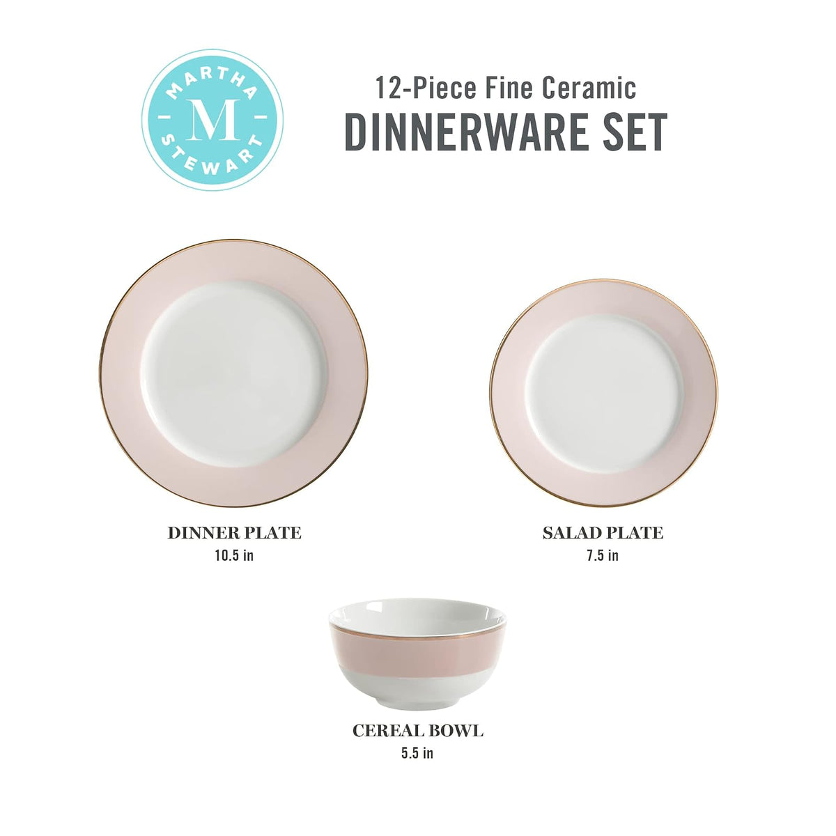 Martha Stewart Gracie Lane - Juego de vajilla de porcelana, 12 piezas, resistente a los arañazos y astillas, color rosa con borde dorado
