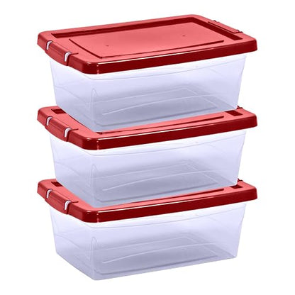 Guateplast Contenedor de Almacenamiento 13 Qt 12 L Rojo | Juego de 3, tapas de colores, transparente, polipropileno virgen, apilable