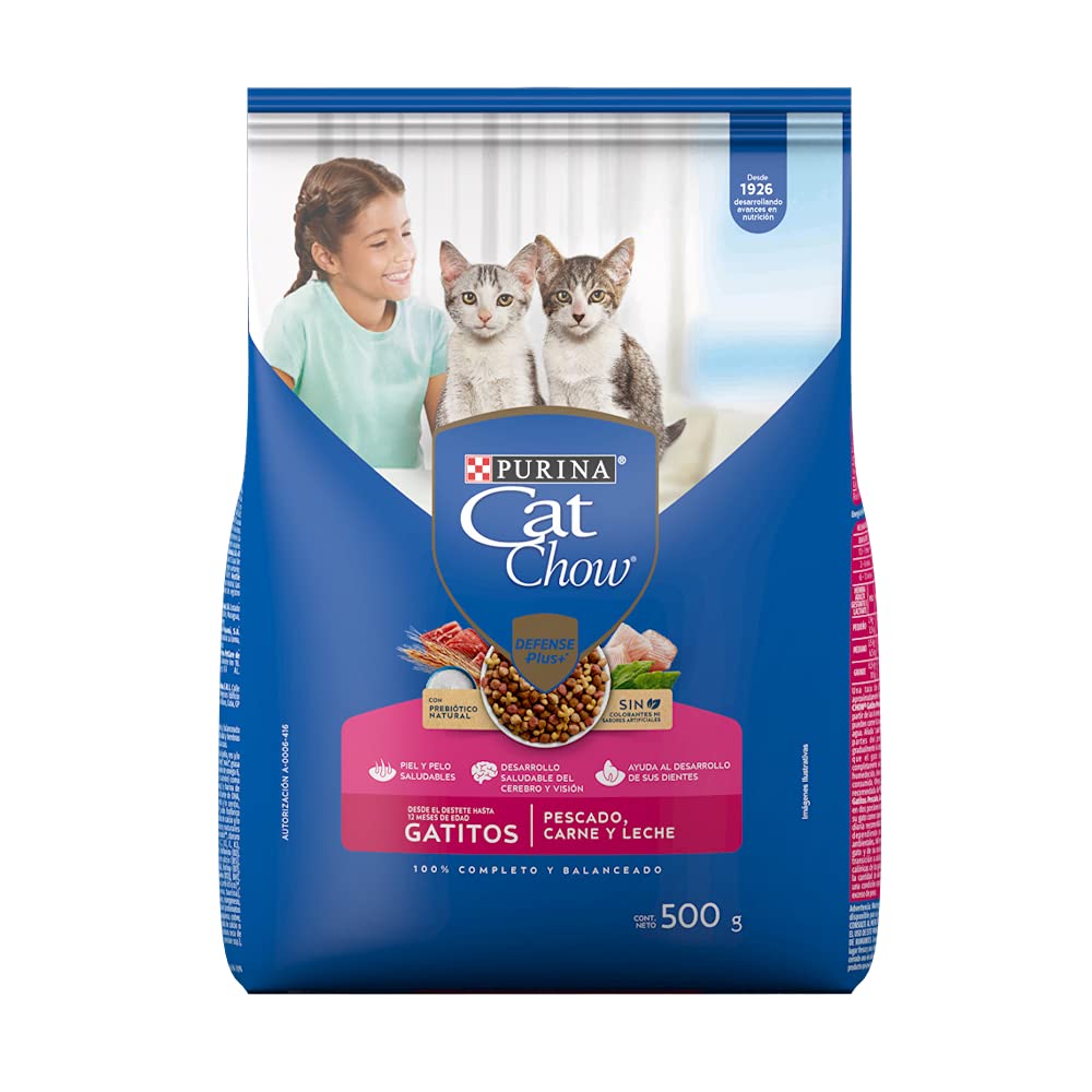 Purina Cat Chow Gatitos 1 a 12 Meses 1.5 Kg, 1 Count + Cat Chow Defense Plus Alimento seco para Gatitos Sabor Pescado, Carne y Leche, Bulto de 500g