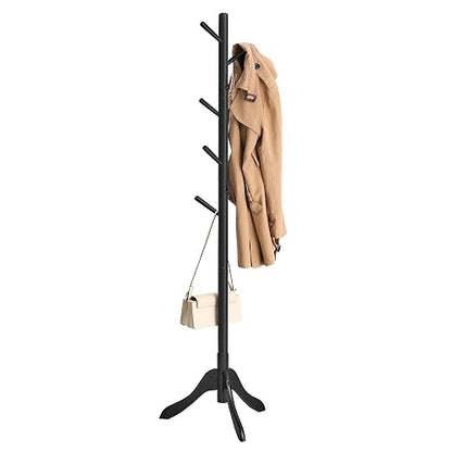 VASAGLE URCR001B01 - Perchero de madera maciza con 8 ganchos,3 opciones de altura,para ropa,sombreros,bolsos,sala de estar,recámara,oficina en casa,oficina,color negro tinta.