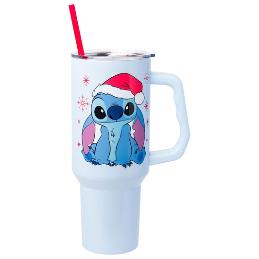 Silver Buffalo Disney Lilo and Stitch - Vaso de acero inoxidable con mango y popote, para Navidad, diseño de Papá Noel, con diseño de copos de nieve, se adapta a portavasos estándar, 40 onzas