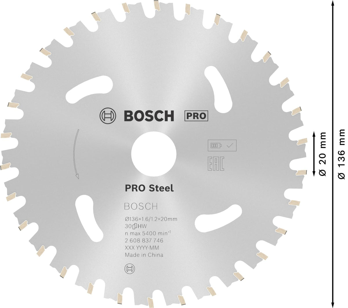 Bosch Disco sierra circular ø136x20mm | para Acero, Ø 136 mm, Professional Accesorios Sierras cortadoras en seco de mano sin cable