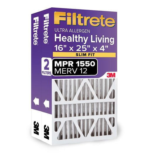 Filtrete 16 x 25 x 4 (SlimFit), filtro de aire para horno de CA, MPR 1550 DP, Healthy Living Ultra Allergen Deep Pleat, paquete de 2, se adapta a dispositivos Lennox y Honeywell (dimensiones exactas